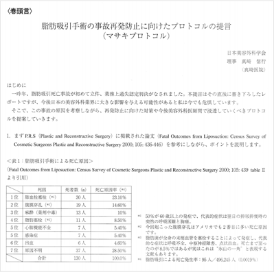 脂肪吸引手術の事故再発防止に向けたプロトコルの提言(マサキプロトコル)